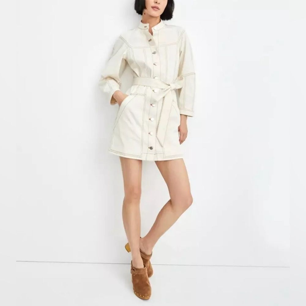 Veronica Beard Basia Denim Mini Dress White Cream Ecru Button Front Size 4